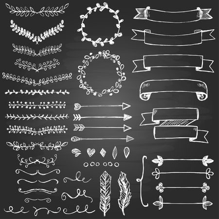 Set of hand drawn design elements on the blackboardの写真素材