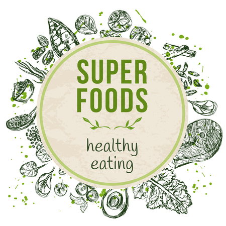 Template with hand drawn superfoods.の写真素材