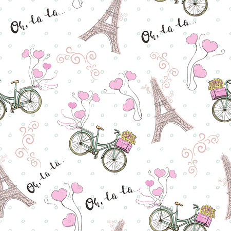 Paris theme seamless pattern with bicycle and Eiffel towerの写真素材