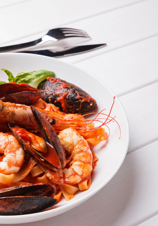 Delicious seafood pasta with shrimps and musselsの写真素材