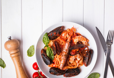 Delicious seafood pasta with shrimps and musselsの写真素材