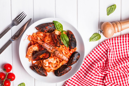Delicious seafood pasta with shrimps and mussels, top viewの写真素材