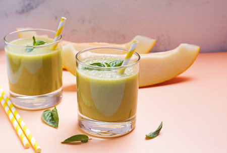 Delicious refreshing melon smoothie close-upの写真素材