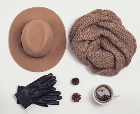 Flat lay with stylish feminine autumn or winter accessoriesの写真素材