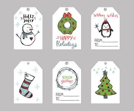 Set of Christmas gift tags templates with hand drawn elementsのイラスト素材