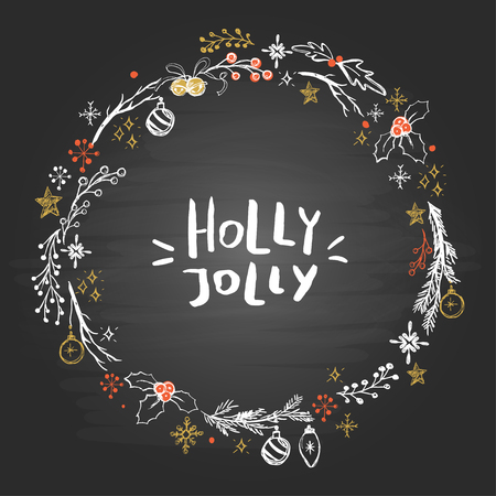 Christmas template with hand drawn elements wreath and lettering on the blackboard background.のイラスト素材