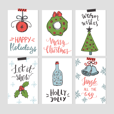 Set of six Christmas cards templates with hand drawn elements and letteringのイラスト素材