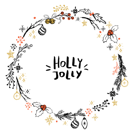 Christmas template with hand drawn elements wreath and letteringのイラスト素材