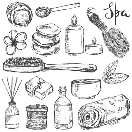 Set of hand drawn spa and beauty related products like bottles,brushes, soap, candles and otherのイラスト素材