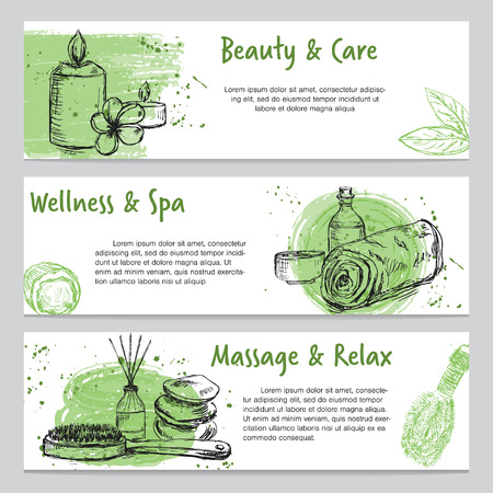 Set of three banners on spa related theme with hand drawn massage and body care productsのイラスト素材