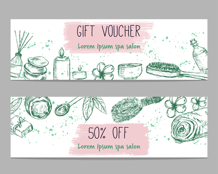 Two templates for discount or gift certificate for spa or beauty salon with hand drawn elementsのイラスト素材
