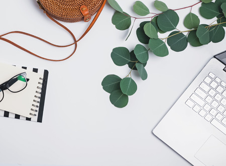 Laptop, glassses and other accessories, top viewの写真素材