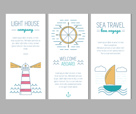 Set of cards with nautical elements in thin line style.のイラスト素材