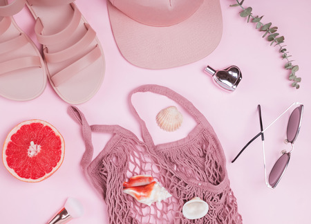 Sandlas, stylish cap, straw shopping bag and other, top viewの写真素材