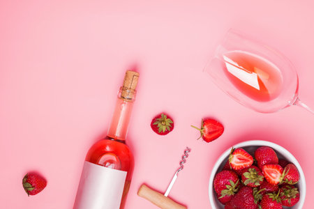 Creative composition with rose wine and delicious strawberries on the pink background, top viewの写真素材
