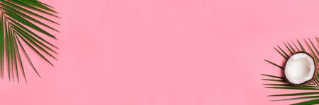 Banner with palm leaves and half of coconut on the pink backgroundの写真素材
