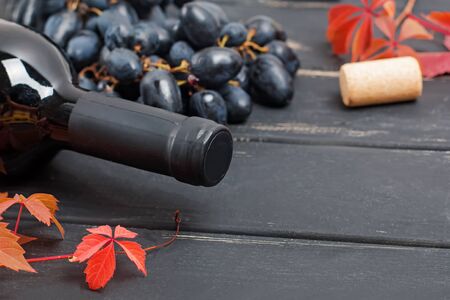 Bottle of red wine, grapes and red leaves on black wooden tableの写真素材