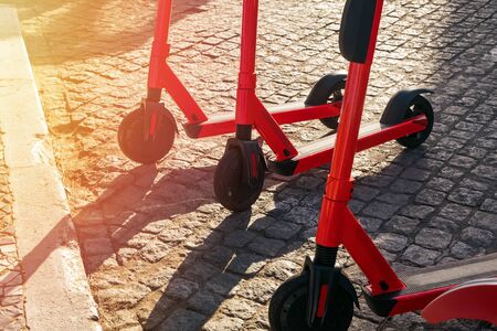 Electric scooters for rent in the city.の写真素材