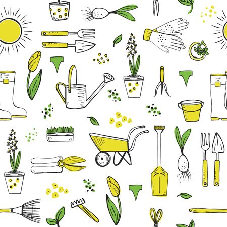 Spring garden seamless pattern. Hand drawn garden elements, plants and flowers, vector illustrationのイラスト素材