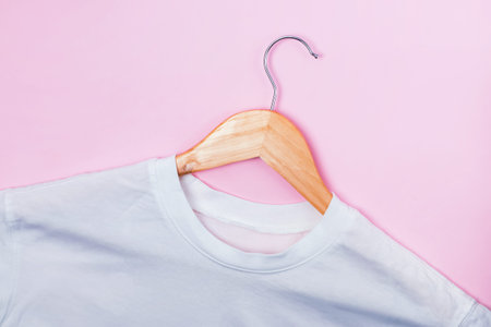 White shirt on wooden hanger lying on pastel pink background