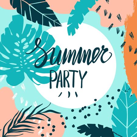 Creative summer card template with hand drawn leaves and strokes.のイラスト素材