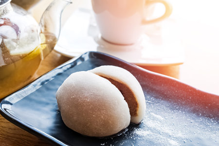 Close-up shot of traditional Japanese dessert Mochi on the plateの写真素材