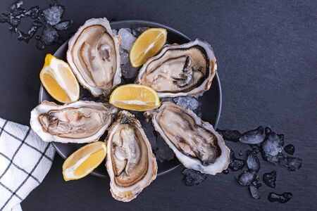 Fresh raw opened oysters with ice and lemon slicesの写真素材