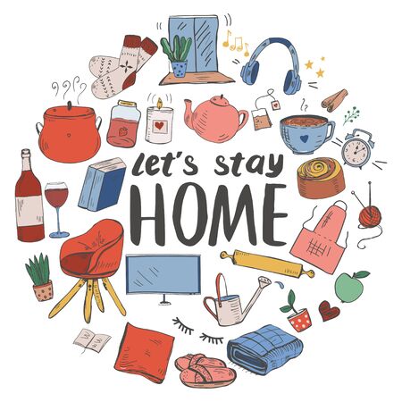 Template with hand drawn doodle style home related objects. Cozy and comfortableのイラスト素材