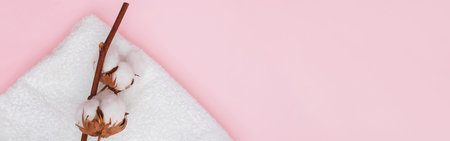 Clean white towels and branch of cotton on pink background. Laundry concept, banner format with copy...