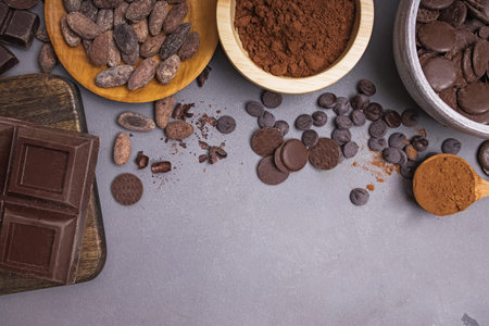 Chocolate and cocoa on grey background, top view. Cocoa products