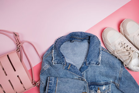 Denim jacket, bag and sneakers on pink background
