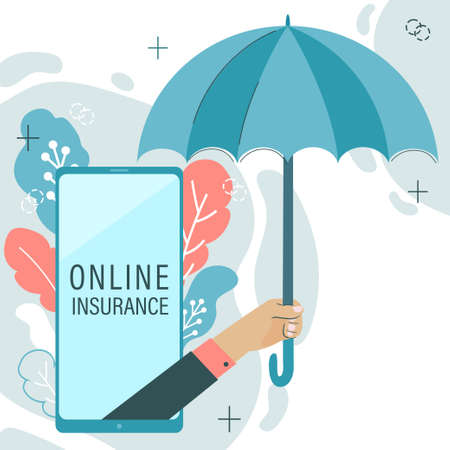 Hand holding umbrella from smartphone. Online insurance concept.のイラスト素材