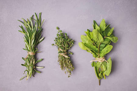 Fresh herbs on stone background, top viewの写真素材