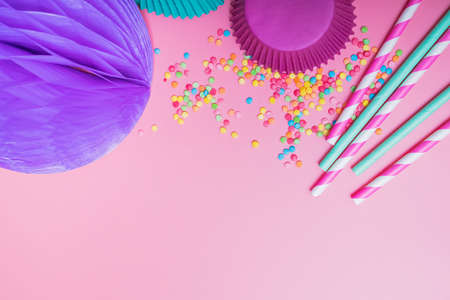 Colorful birthday party background with festive decorの写真素材