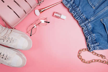 Fashion accessories on pink background.の写真素材