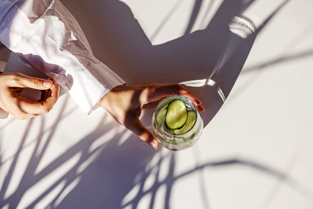 Womans hands holding glass of water with cucumber on the white table