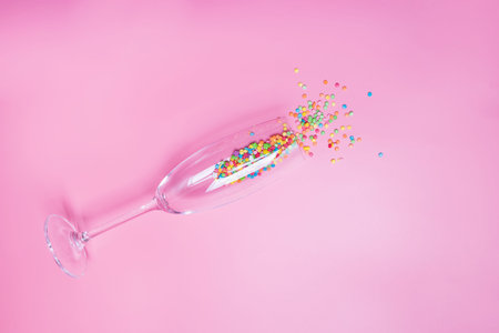 Cake confetti decorations in the champagne glass on pink background.の写真素材