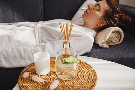 Young relaxing woman in bathrobe applying cucumbers on eyes at home. Self care routine, wellbeing