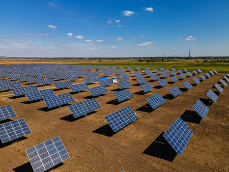 Aerial view of the solar panels in solar farmの写真素材