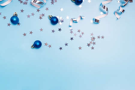Festive Christmas decor on blue background. Sの写真素材