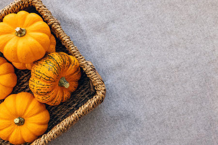 Small decorative pumpkins in wicker basketの写真素材