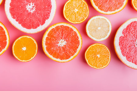 Flat lay composition with halves of different citrus fruits