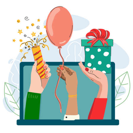 Hands holding party attributes on laptop screen.のイラスト素材