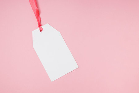 Blank price tag on pink background.の写真素材