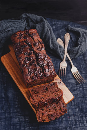 Homemade moist chocolate banana bread close up