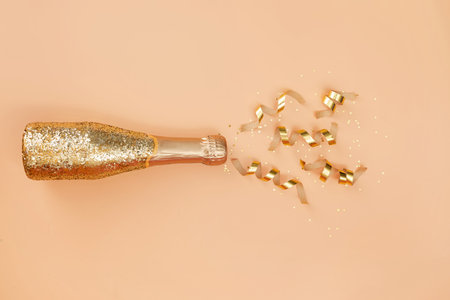 Sparkling wine, gold champagne bottle with glitter.の写真素材