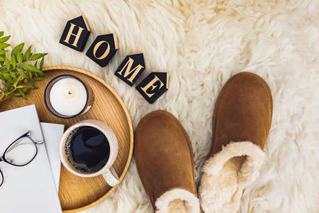 Home still life, cozy lifestyle composition top view.の写真素材