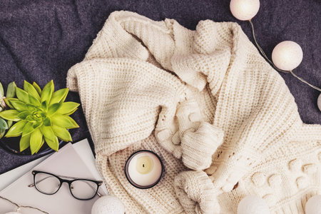 Home still life, winter lifestyle composition, top view
