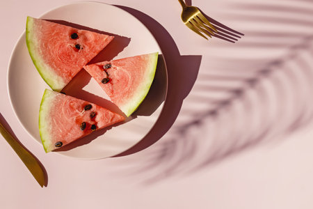 Fresh red watermelon slices on pink plate and tropical leaf shadow.の写真素材
