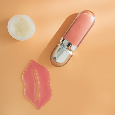 Lip mask, lipstick and sugar scrub, flat layの写真素材